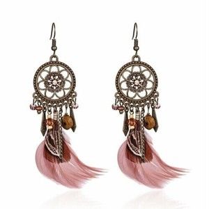 Boho Feather Dangle Earrings Beads Crystals Chains Gold Tone medallion Women's